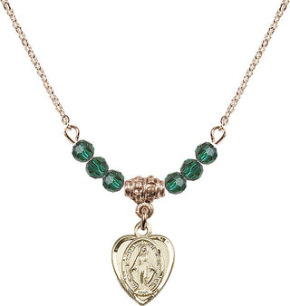 18" Hamilton Gold Plated Necklace with 4mm Emerald Crystal Beads featuring a 14kt Gold Filled Miraculous Medal.