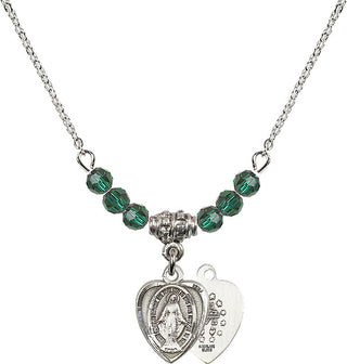 18" Rhodium Plated Necklace with 4mm Emerald Crystal Beads featuring a Sterling Silver Miraculous Medal.