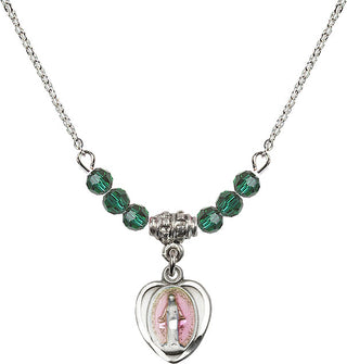 18" Rhodium Plated Necklace with 4mm Emerald Crystal Beads featuring a Sterling Silver Miraculous Medal.