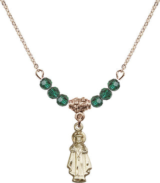 18" Hamilton Gold Plated Necklace with 4mm Emerald Crystal Beads featuring a 14kt Gold Filled Infant of Prague Medal.
