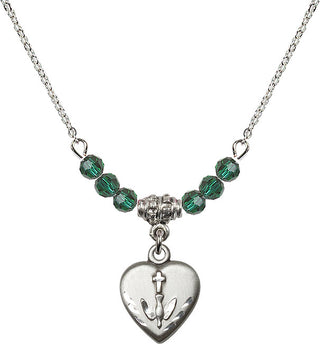 18" Rhodium Plated Necklace with 4mm Emerald Crystal Beads featuring a Sterling Silver Heart / Confirmation Medal.