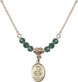 18" Hamilton Gold Plated Necklace with 4mm Emerald Crystal Beads featuring a 14kt Gold Filled Matrimony Medal.