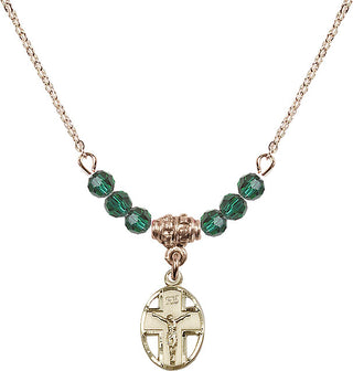 18" Hamilton Gold Plated Necklace with 4mm Emerald Crystal Beads featuring a 14kt Gold Filled Crucifix Medal.
