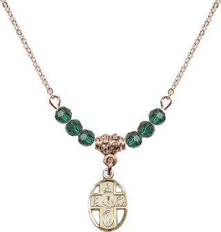 18" Hamilton Gold Plated Necklace with 4mm Emerald Crystal Beads featuring a 14kt Gold Filled 5-Way / Chalice Medal.