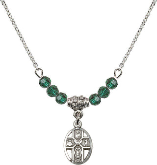 18" Rhodium Plated Necklace with 4mm Emerald Crystal Beads featuring a Sterling Silver 5-Way Medal.