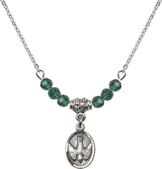 18" Rhodium Plated Necklace with 4mm Emerald Crystal Beads featuring a Sterling Silver Holy Spirit Medal.