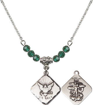 18" Rhodium Plated Necklace with 4mm Emerald Crystal Beads featuring a Sterling Silver Navy Diamond Medal.