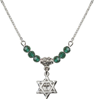 18" Rhodium Plated Necklace with 4mm Emerald Crystal Beads featuring a Sterling Silver Star of David with Cross Medal.