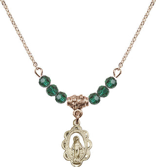 18" Hamilton Gold Plated Necklace with 4mm Emerald Crystal Beads featuring a 14kt Gold Filled Miraculous Medal.