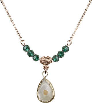 18" Hamilton Gold Plated Necklace with 4mm Emerald Crystal Beads featuring a 14kt Gold Filled Mustard Seed Medal.