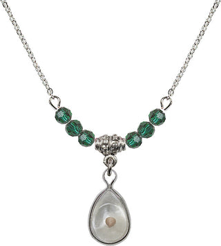 18" Rhodium Plated Necklace with 4mm Emerald Crystal Beads featuring a Sterling Silver Mustard Seed Medal.