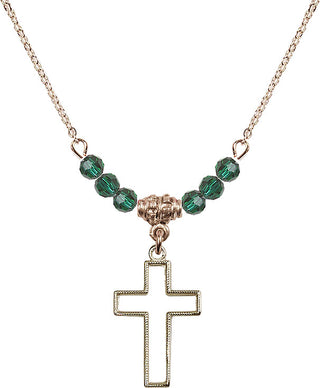 18" Hamilton Gold Plated Necklace with 4mm Emerald Crystal Beads featuring a 14kt Gold Filled Cross Medal.