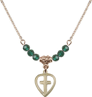 18" Hamilton Gold Plated Necklace with 4mm Emerald Crystal Beads featuring a 14kt Gold Filled Heart / Cross Medal.