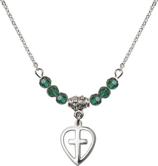 18" Rhodium Plated Necklace with 4mm Emerald Crystal Beads featuring a Sterling Silver Heart / Cross Medal.