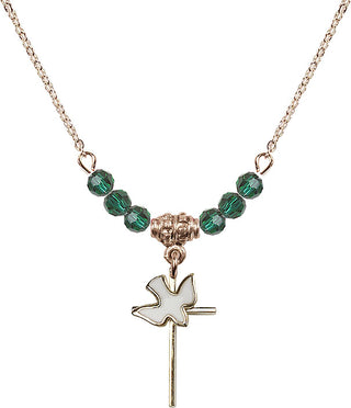 18" Hamilton Gold Plated Necklace with 4mm Emerald Crystal Beads featuring a 14kt Gold Filled Cross / Holy Spirit Medal.