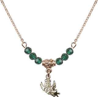 18" Hamilton Gold Plated Necklace with 4mm Emerald Crystal Beads featuring a 14kt Gold Filled Guardian Angel Medal.