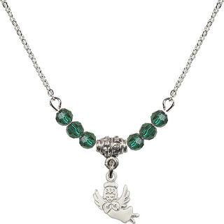 18" Rhodium Plated Necklace with 4mm Emerald Crystal Beads featuring a Sterling Silver Guardian Angel Medal.