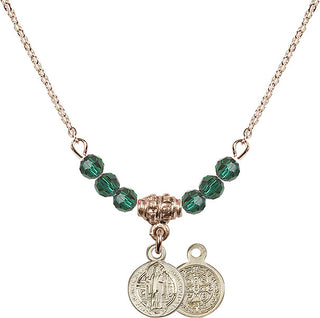 18" Hamilton Gold Plated Necklace with 4mm Emerald Crystal Beads featuring a 14kt Gold Filled Saint Benedict Medal.