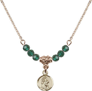 18" Hamilton Gold Plated Necklace with 4mm Emerald Crystal Beads featuring a 14kt Gold Filled Saint Christopher Medal.
