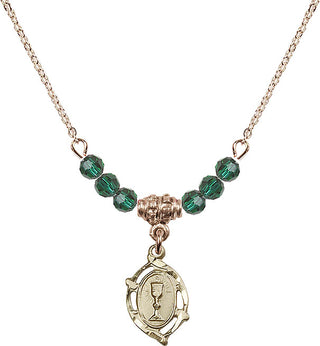 18" Hamilton Gold Plated Necklace with 4mm Emerald Crystal Beads featuring a 14kt Gold Filled Communion Medal.