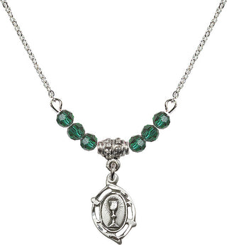 18" Rhodium Plated Necklace with 4mm Emerald Crystal Beads featuring a Sterling Silver Communion Medal.