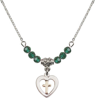 18" Rhodium Plated Necklace with 4mm Emerald Crystal Beads featuring a Gold Filled / Sterling Silver Heart / Cross Medal.