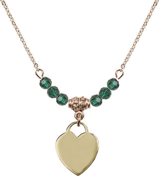 18" Hamilton Gold Plated Necklace with 4mm Emerald Crystal Beads featuring a 14kt Gold Filled Heart Medal. Engraved Catholic Saint Jewelry