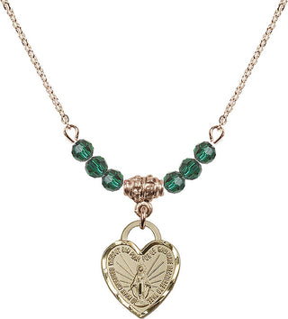 18" Hamilton Gold Plated Necklace with 4mm Emerald Crystal Beads featuring a 14kt Gold Filled Miraculous Heart Medal. Engraved Catholic Saint Jewelry