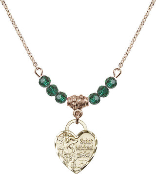 18" Hamilton Gold Plated Necklace with 4mm Emerald Crystal Beads featuring a 14kt Gold Filled Saint Michael Heart Medal. Engraved Catholic Saint Jewelry
