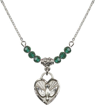 18" Rhodium Plated Necklace with 4mm Emerald Crystal Beads featuring a Sterling Silver Confirmation Heart Medal. Engraved Catholic Saint Jewelry