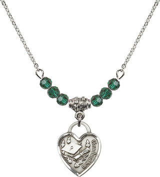 18" Rhodium Plated Necklace with 4mm Emerald Crystal Beads featuring a Sterling Silver Graduation Heart Medal. Engraved Catholic Saint Jewelry