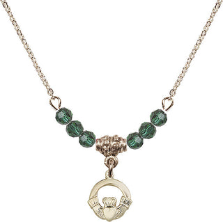 18" Hamilton Gold Plated Necklace with 4mm Emerald Crystal Beads featuring a 14kt Gold Filled Claddagh Medal.