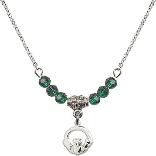 18" Rhodium Plated Necklace with 4mm Emerald Crystal Beads featuring a Sterling Silver Claddagh Medal.
