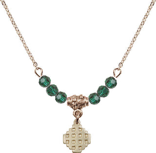 18" Hamilton Gold Plated Necklace with 4mm Emerald Crystal Beads featuring a 14kt Gold Filled Jerusalem Cross Medal.