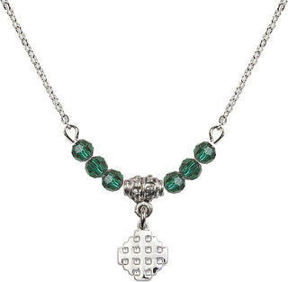 18" Rhodium Plated Necklace with 4mm Emerald Crystal Beads featuring a Sterling Silver Jerusalem Cross Medal.