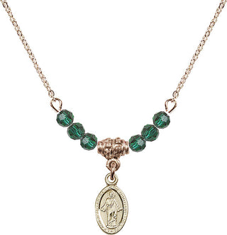 18" Hamilton Gold Plated Necklace with 4mm Emerald Crystal Beads featuring a 14kt Gold Filled Scapular Medal.