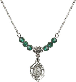 18" Rhodium Plated Necklace with 4mm Emerald Crystal Beads featuring a Sterling Silver Miraculous Medal.