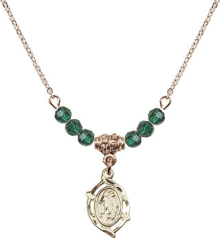 18" Hamilton Gold Plated Necklace with 4mm Emerald Crystal Beads featuring a 14kt Gold Filled Guardian Angel Medal.