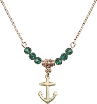 18" Hamilton Gold Plated Necklace with 4mm Emerald Crystal Beads featuring a 14kt Gold Filled Anchor Medal.