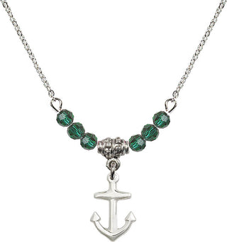 18" Rhodium Plated Necklace with 4mm Emerald Crystal Beads featuring a Sterling Silver Anchor Medal.