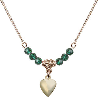 18" Hamilton Gold Plated Necklace with 4mm Emerald Crystal Beads featuring a 14kt Gold Filled Heart Medal.