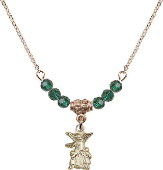 18" Hamilton Gold Plated Necklace with 4mm Emerald Crystal Beads featuring a 14kt Gold Filled Guardian Angel Medal.