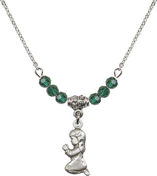 18" Rhodium Plated Necklace with 4mm Emerald Crystal Beads featuring a Sterling Silver Praying Girl Medal.