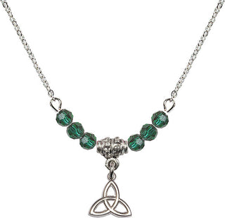 18" Rhodium Plated Necklace with 4mm Emerald Crystal Beads featuring a Sterling Silver Trinity Irish Knot Medal.