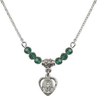 18" Rhodium Plated Necklace with 4mm Emerald Crystal Beads featuring a Sterling Silver Miraculous Medal.