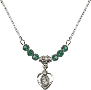 18" Rhodium Plated Necklace with 4mm Emerald Crystal Beads featuring a Sterling Silver Saint Ann Medal. Engraved Catholic Saint Jewelry