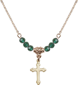 18" Hamilton Gold Plated Necklace with 4mm Emerald Crystal Beads featuring a 14kt Gold Filled Cross Medal.