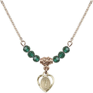 18" Hamilton Gold Plated Necklace with 4mm Emerald Crystal Beads featuring a 14kt Gold Filled Our Lady of Guadalupe Medal.