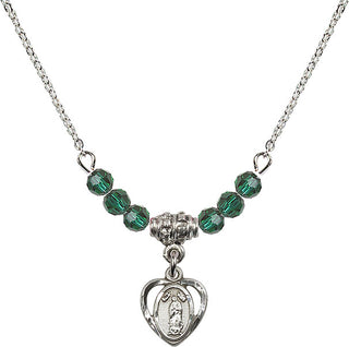 18" Rhodium Plated Necklace with 4mm Emerald Crystal Beads featuring a Sterling Silver Our Lady of Guadalupe Medal.
