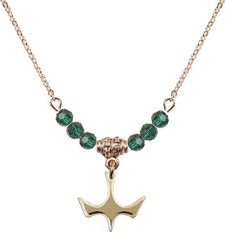 18" Hamilton Gold Plated Necklace with 4mm Emerald Crystal Beads featuring a 14kt Gold Filled Holy Spirit Medal.